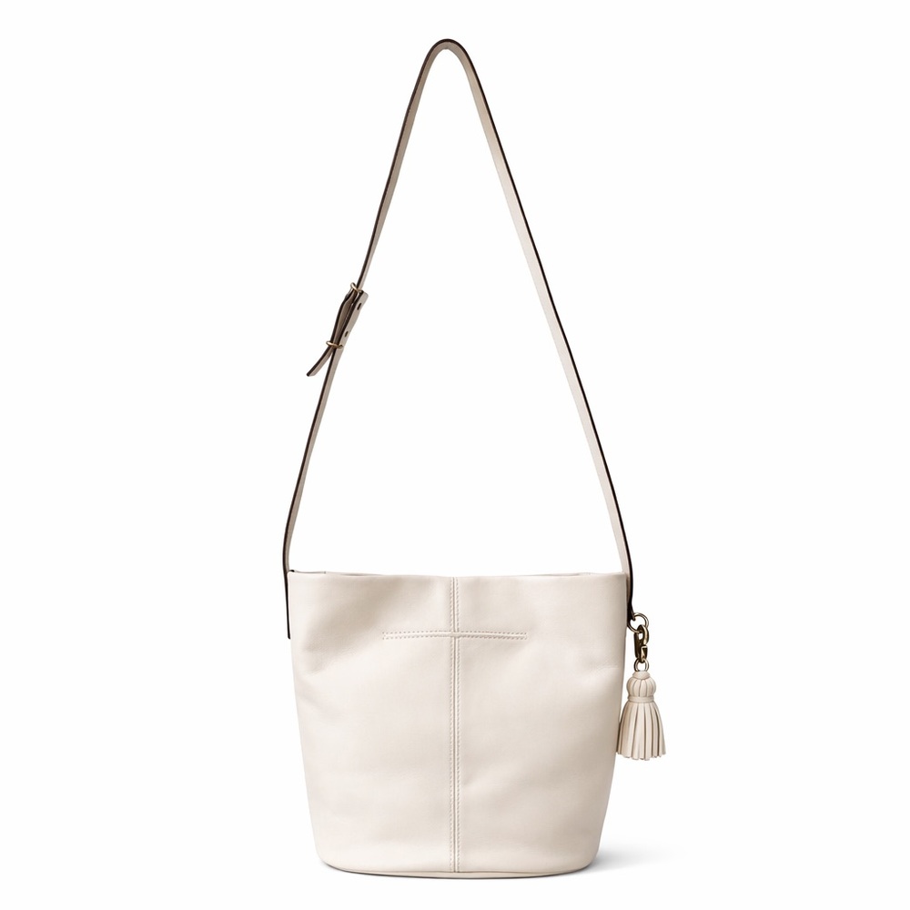 The Sak Cream Leather Bucket Bag Tassel Shoulder Bag Boho Minimalist - Picture 9 of 13